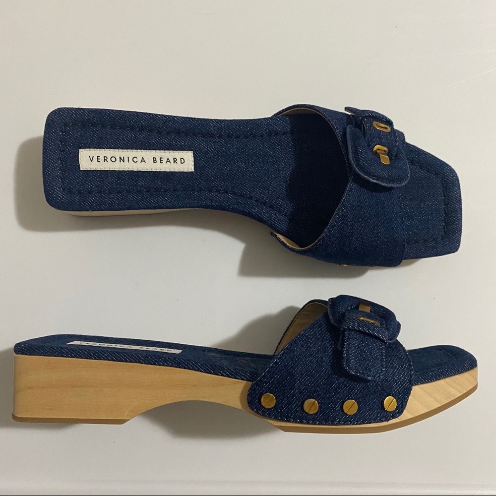 Veronica Beard Denim Blue Buckle Studded Slide Sandals